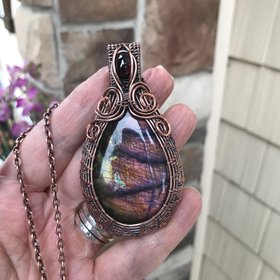Purple Amber Labradorite & Garnet Woven Pendant