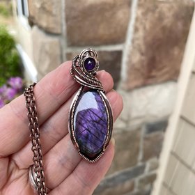 Purple Labradorite & Amethyst Oval Copper Pendant