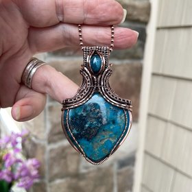 SOLD - Turquoise and apatite copper wire wrapped pendant, Blue teal crystal artisan necklace