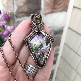 Purple Yellow Labradorite & Lemon Quartz Copper Pendant with Weaving