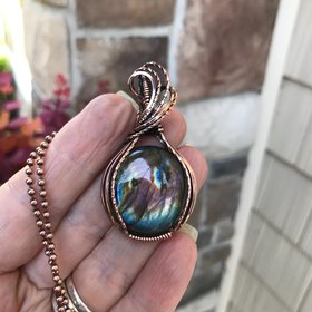 Rainbow labradorite copper wire wrapped pendant, Spectrolite gemstone purple blue crystal necklace
