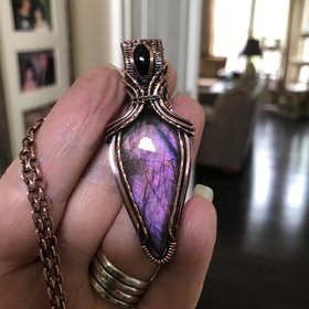 SOLD - Purple Maroon Labradorite & Garnet Copper Pendant with Weaving