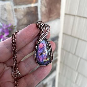 Pink  purple labradorite wire wrapped copper necklace, Spectrolite rainbow crystal pendant
