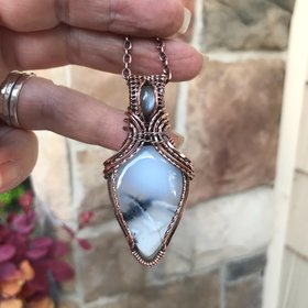 SOLD - Dendritic Opal  & Gray Moonstone Copper Pendant with Weaving