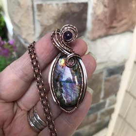 Purple Blue Oval Labradorite & Amethyst Copper Necklace