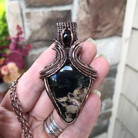 Petrified Palm Wood & Garnet Copper Pendant with Weaving