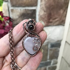 Rose Quartz & Garnet Swirly Heart Copper Necklace