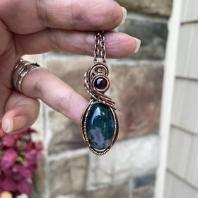 Moss Agate & Garnet Oval Copper Necklace