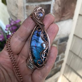 Blue Labradorite & Moonstone Slender Swirly Copper Necklace