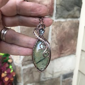 Prehnite & Prasiolite Swirly Oval Copper Pendant