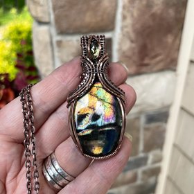 SOLD - Yellow Orange Labradorite & Lemon Quartz Copper Pendant with Weaving