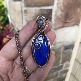 Electric Blue Labradorite & Moonstone Oval Copper Pendant