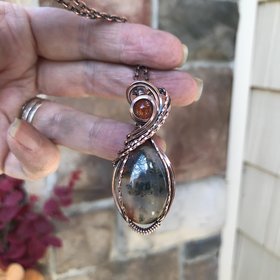 Graveyard Point Plume Agate & Sunstone Copper Pendant
