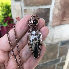 Petrified Palm Wood & Smoky Quartz Copper Pendant