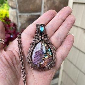 Purple & Blue Labradorite Woven Copper Pendant