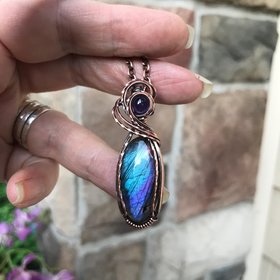 Blue purple labradorite and amethyst wire wrapped copper necklace, Semiprecious oval teardrop pendant