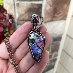 Blue Purple Labradorite & Amethyst Copper Pendant