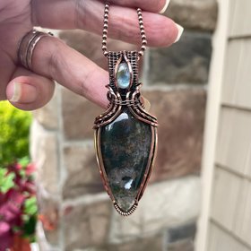 Moss Agate & Moonstone Copper Pendant with Weaving
