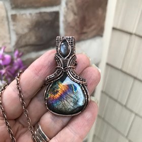 Silver Black Labradorite & Gray Moonstone Copper Necklace with Weaving