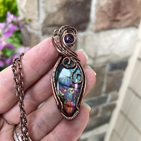 Teal labradorite & amethyst wire wrapped copper necklace, Semiprecious rainbow stone pendant