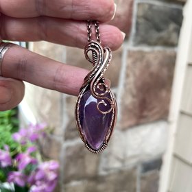 Amethyst crystal copper wire wrapped necklace, Purple quartz teardrop pendant