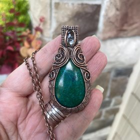 Chrysocolla & prasiolite copper wire wrapped pendant, Green blue oval stone artisan necklace