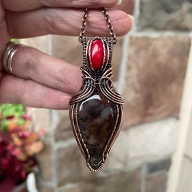 Red Moss Agate & Coral Copper Pendant with Weaving